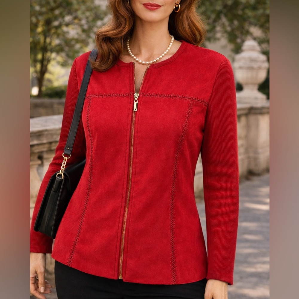 Vintage Late 90s Y2K Red Zip Front Sweater Jacket M Suede Look Knit Lightweight